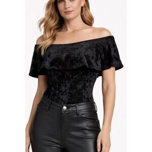 Gaze USA Blk Velvet Off Shoulder Bodysuit Womens Small Crushed Velour Ruffle Top